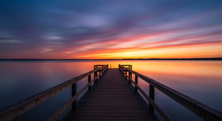 Naklejka premium Tranquil Sunset Over Still Waters: A Serene Wooden Dock Extends Towards a Vibrant Horizon