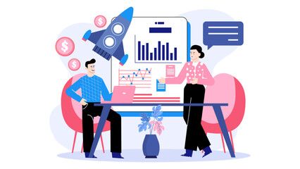 Two people analyzing business data charts with a rocket illustration; perfect for presentations about growth, achievement, teamwork, and success.