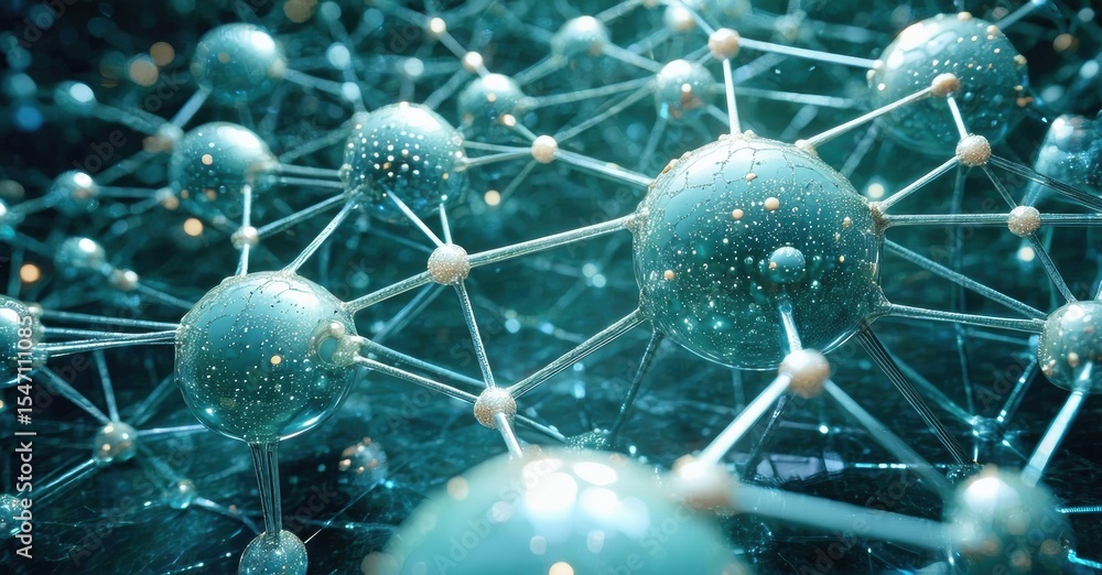 Poster complex network, glowing spheres connected by lines. futuristic design, teal hues dominate image. sc