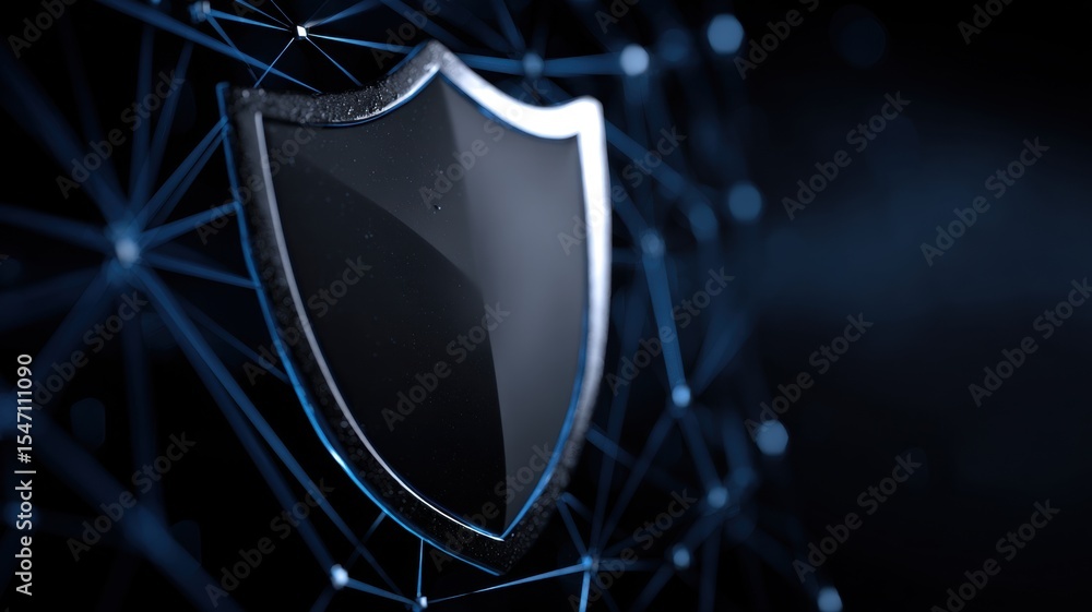 Poster digital shield icon symbolizing security and protection in a modern network setting.