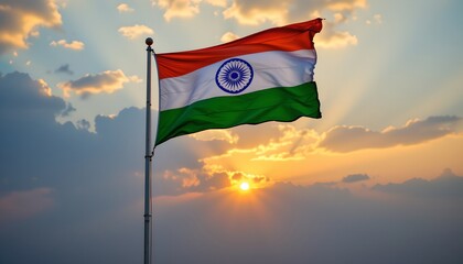 a flag of india waving in the wind against a backdrop of a sunset with scattered clouds. the colors of the indian flag are visible, with the ashoka chakra at its center