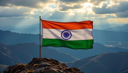 a tall flagpole with the indian flag flying high against a backdrop of majestic mountains