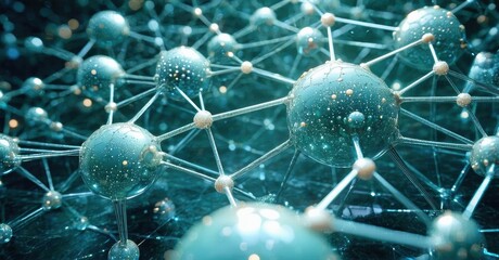 Complex network, glowing spheres connected by lines. Futuristic design, teal hues dominate image. Science concept, abstract visualization.
