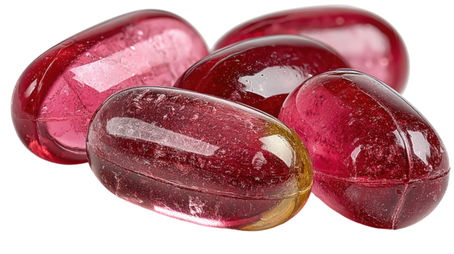 Ruby Gems: A captivating close-up reveals a cluster of exquisite ruby-red candies, their translucent forms gleaming under a natural light. It's a treat for the eyes and a promise of sweetness