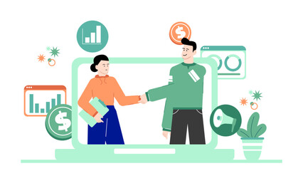 Digital business deal between two people, suitable for illustrating online transactions, partnership agreements, financial negotiations, or virtual business meetings.