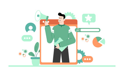 Man presenting online marketing strategies, suitable for business presentations, social media promotions, digital marketing webinars, and advertising campaigns.