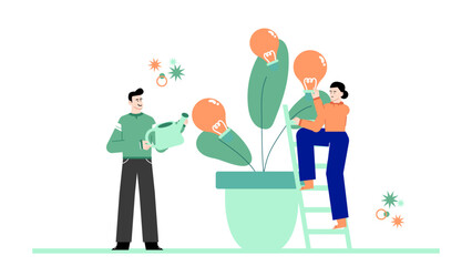 Two people nurture lightbulb plants in large pot. Ideal for illustrating teamwork, creativity, growth, innovation, sustainability in business concepts.