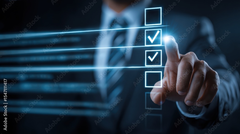 Aufkleber a business professional checking tasks on a digital checklist interface.