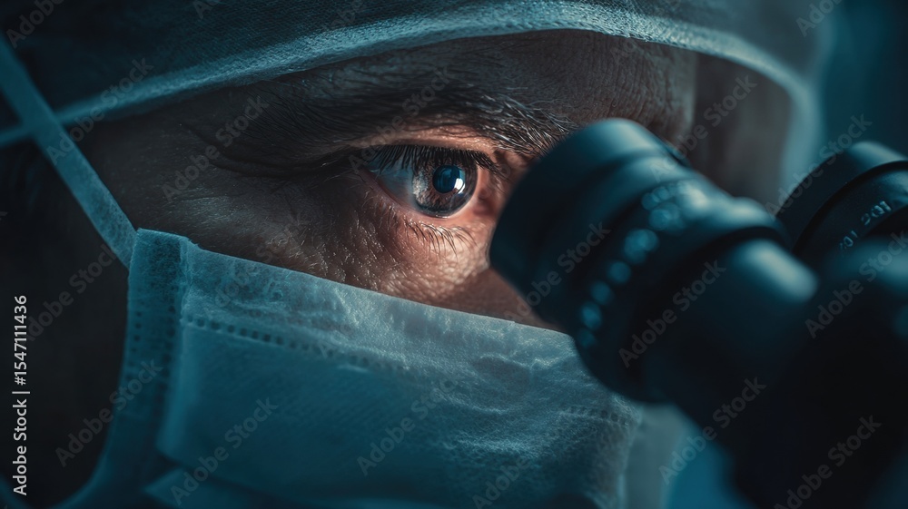 Poster a close-up of a scientist examining samples through a microscope, emphasizing precision and focus.