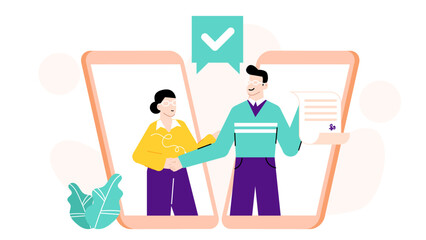 Two people shaking hands on video phones. A modern digital business deal brought to life. Suitable for virtual communication concepts.