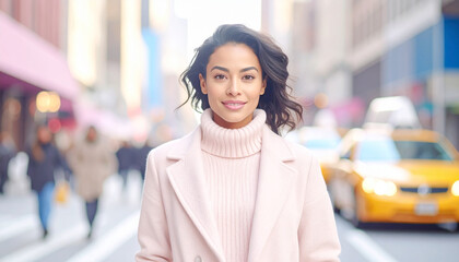 Hispanic woman in soft pink turtleneck and overcoat smiling in Midtown Manhattan
