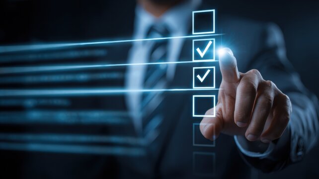 A business professional checking tasks on a digital checklist interface.