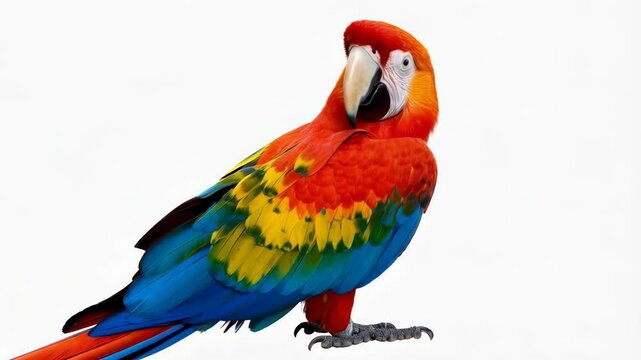 Vibrant scarlet macaw parrot posing against a plain white background, showcasing its colorful feathers and distinctive markings in bright vivid colors