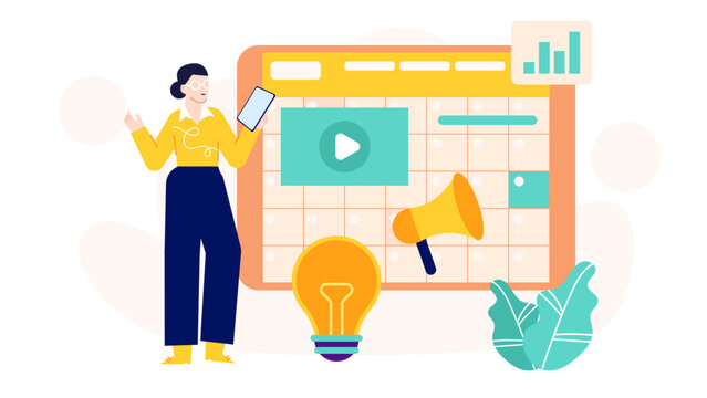 Woman strategizing content on a calendar. Suitable for social media, blog posts, productivity tools, and marketing materials. Editorial and commercial use.