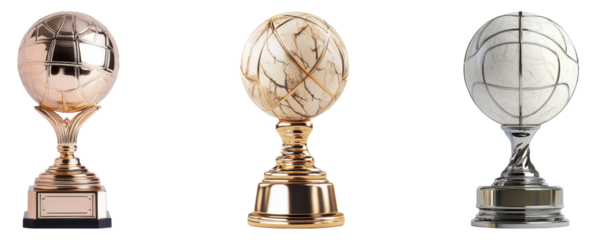 Three elegant trophy designs featuring globe motifs on a transparent background