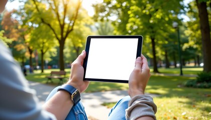 a serene park setting with a person holding an ipad, seemingly engaged in viewing its screen. the individual is seated leisurely on a bench, enjoying the outdoor environment under clear skies