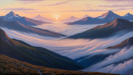 A serene landscape of misty valleys and towering mountains at sunrise