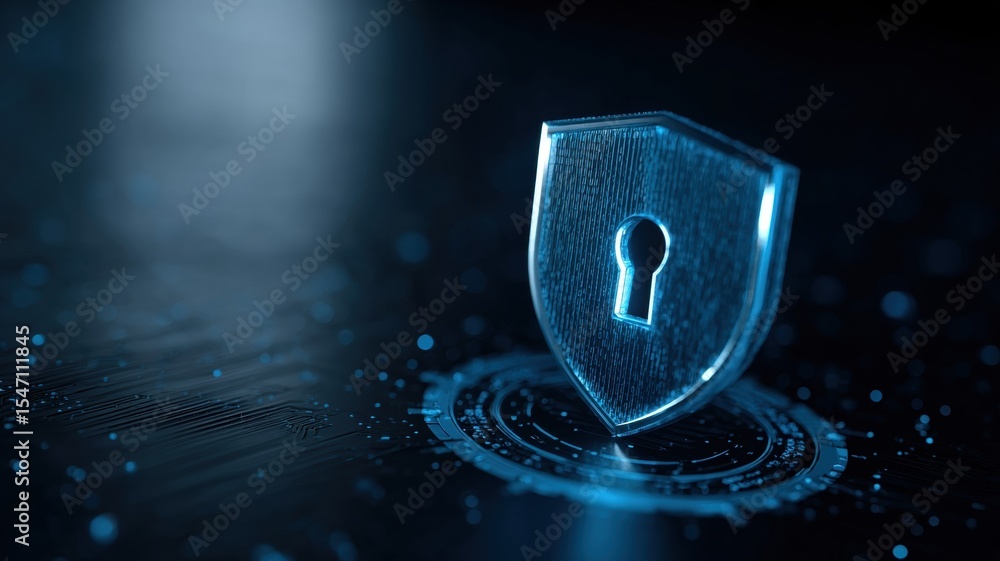 Poster digital shield symbolizing security with a keyhole on a futuristic background.