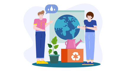 Two people, world map backdrop, discuss water conservation. Suitable for environmental, educational materials, presentations, climate change, global initiatives.