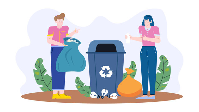 Two people actively recycle waste near a recycling bin. Suitable for environmental conservation campaigns, sustainability concepts, ecofriendly practices in graphic design.