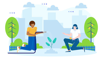 Two people watering a plant in a city park. Suitable for environmental themes, urban gardening, community involvement, and green spaces.