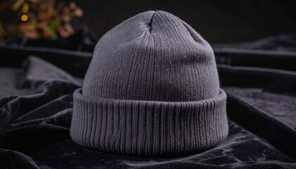 Grey Beanie Hat With Folded Style On Velvet Fabric