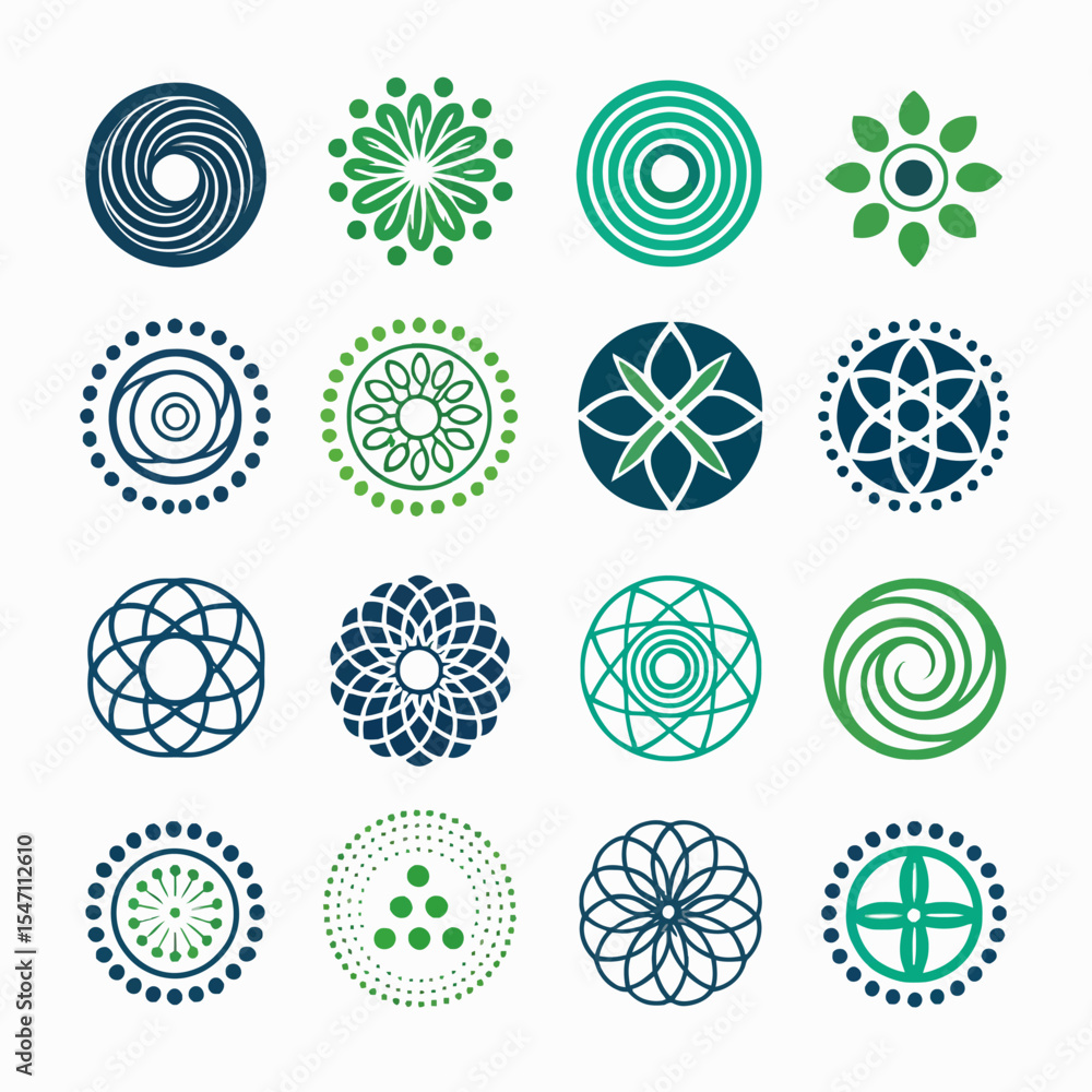 Poster circular emblems: a collection of intricate, abstract circular emblems in various designs and colors