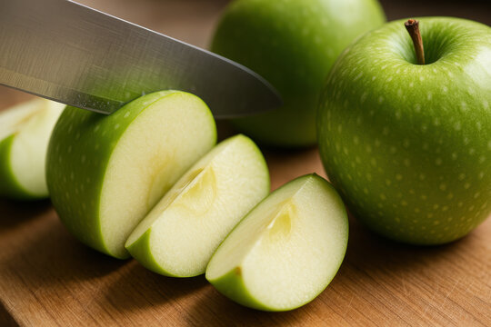 Knife slicing fresh green apple on wooden cutting board, close up of juicy fruit - Powered by Adobe