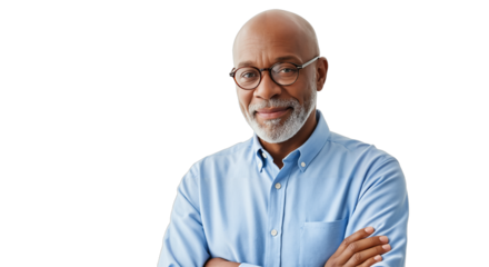 Confident mature bald man in eyeglasses wearing blue shirt crossed arms posing against transparent background isolated, professional casual appearance portrait concept