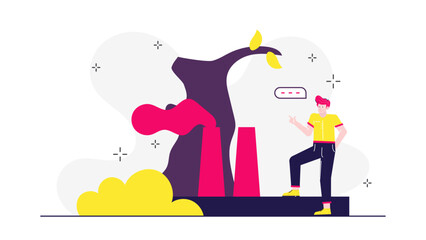 Man looking at industrial pollution by tree; suitable for environmental impact or pollution awareness themed concepts and designs.