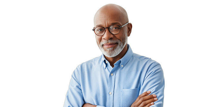 Confident mature bald man in eyeglasses wearing blue shirt crossed arms posing against transparent background isolated, professional casual appearance portrait concept