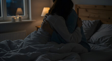 Fototapeta premium Nighttime Embrace: A Couple's Tender Moment in Bed
