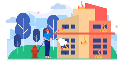 Firefighter using fire hydrant to put out a burning building. Suitable for fire safety campaigns, emergency preparedness materials, and firefighter training resources.