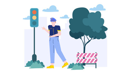 Policeman directing traffic near tree with barrier. Suitable for traffic safety awareness materials, city planning presentations, educational resources.