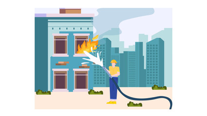 Firefighter putting out a city building fire. Suitable for emergency services, crisis management, urban safety, and firefighting concepts.