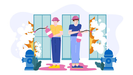 Two firefighters extinguish building fire with fire extinguishers. Suitable for firefighting, emergency response, safety training materials, or crisis management concepts.