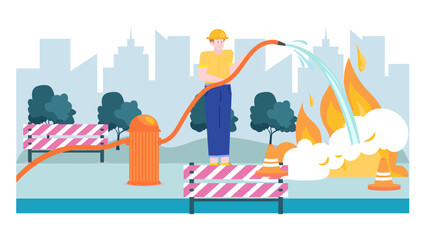 Firefighter using hose to put out city fire. Suitable for emergency response, firefighter training, safety awareness campaigns, news articles.