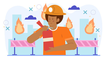 Firefighter operates fire extinguisher near barriers, illustrating emergency response training and firefighting techniques. Ideal for safety manuals and educational materials.