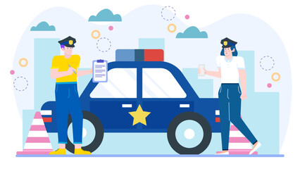 Two police officers by a patrol car writing a ticket. Suitable for law enforcement, traffic violation, authority, urban scenarios, and justice themed designs. © Hiro