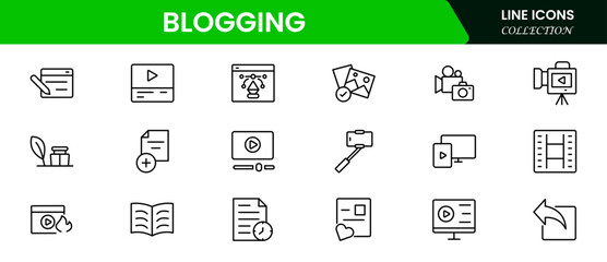 Engaging vector web line icons depicting blogging, content creation, posts, comments, and digital storytelling for vibrant online engagement.