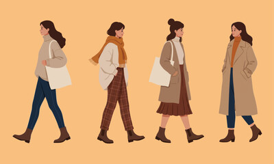 flat vector illustration of four women in fall or autumn fashion walking in side