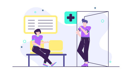 Two people in a clinics waiting room. Suitable for medical, healthcare, patient services, clinic, waiting area, appointments, and healthcare concepts.
