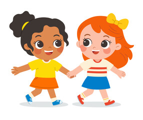Two happy little girls holding hands and walking together with smiles of friendship.