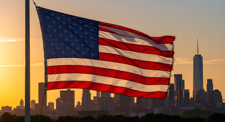American Flag Waving Proudly over New York City Skyline at Sunset | Patriotic Symbol for United States National Pride, Politics and Observance