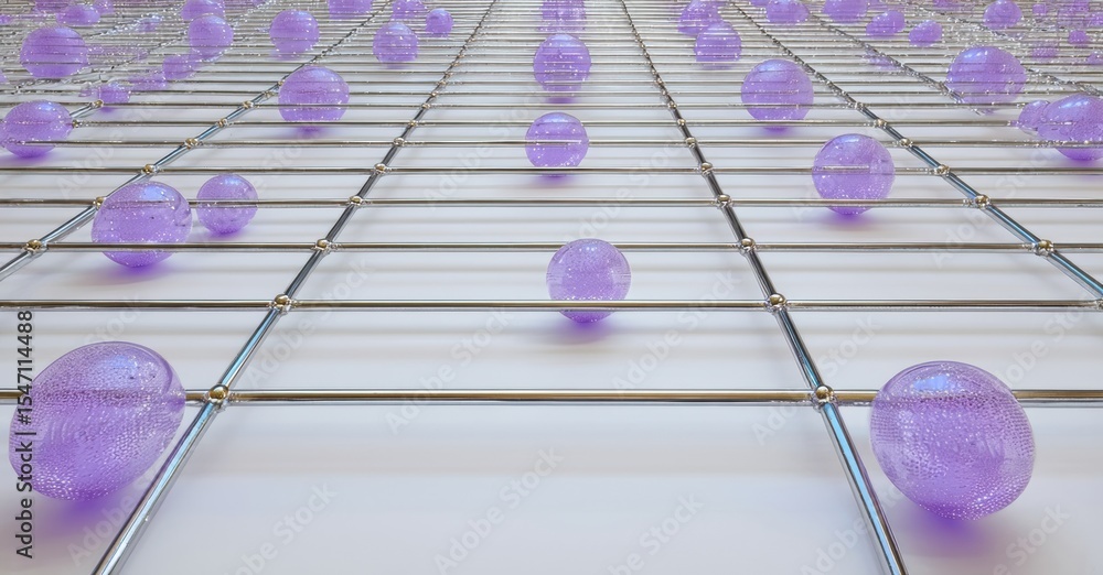 Poster Purple spheres rest upon grid structure. Lines extend into distance, creating infinite perspective. Minimalist design, clean aesthetic.