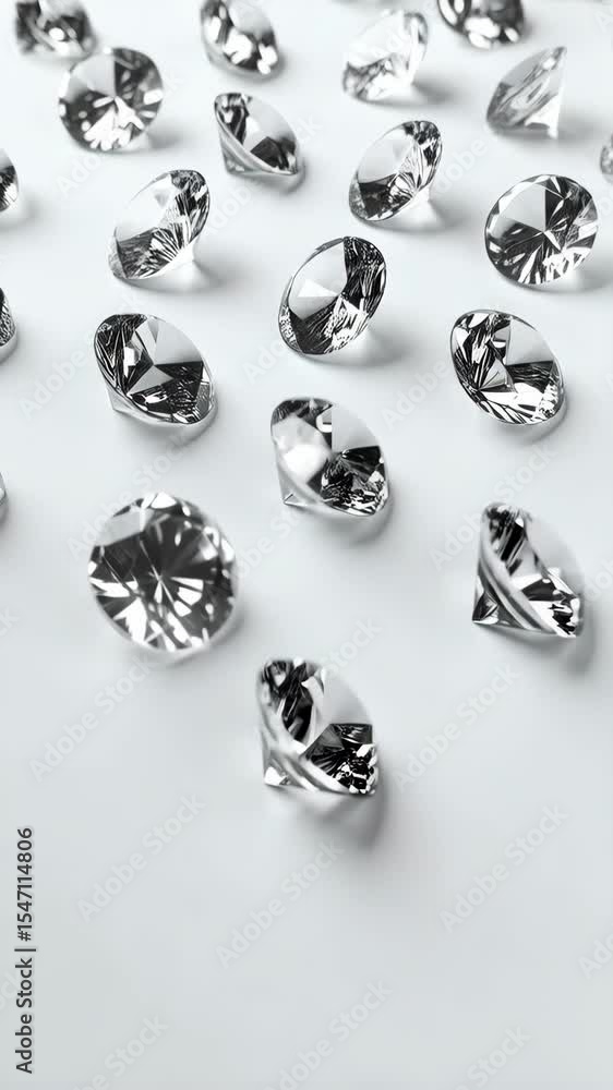 Poster scattered faceted clear gemstones create a sparkling pattern on a bright white surface, perfect for 