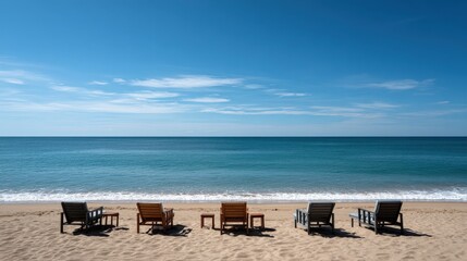 Fototapeta premium Beach Chairs and Tables Facing Ocean Under Blue Sky