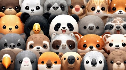 Close-up view of many cute animal faces.