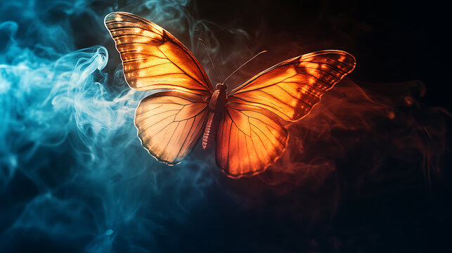Elegant butterfly floating in a dreamy smoky atmosphere with vibrant orange and blue tones artistic image