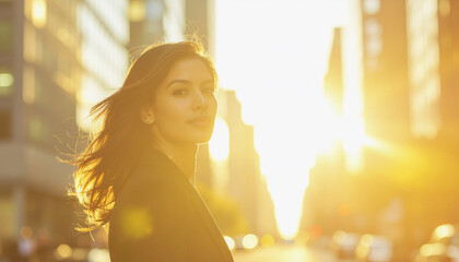 Hispanic woman glowing with joy in winter fashion and bold curls on a bustling NYC street